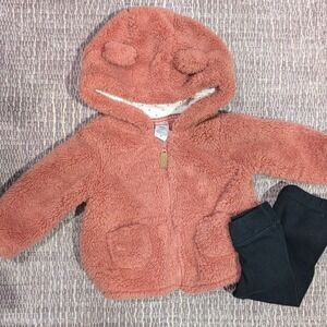 Carters Baby Girls 9m Pink Sherpa Bear Hooded Jacket + Cloud Island Leggings Set